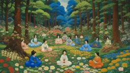 An oil painting by Kuniyoshi of individuals practicing yoga surrounded by blooming flowers and lush vegetation.