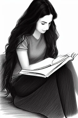 Pencil sketch of Young woman, Arab features,sad, long wavy hair, reading a book, full body، on lined paper