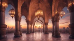 Hyper Realistic Photographic-View of Beautiful Moorish Architecture decorated with garland-lights-&-lamps at cloudy sunset showing dramatic & cinematic ambiance