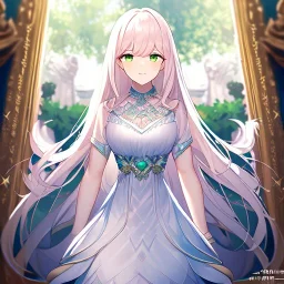 Clear focus,8k,Beatiful Lighting,Detailed, light pink long fluffy hair, long fluffy bangs, green eyes, wearing a stunning sparkling outfit, dating game