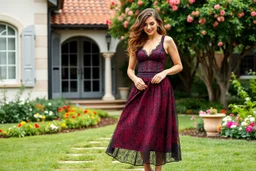 very beautiful lady with beautiful midi dark black-red lace skirt and lace top with curvy hair sports shoes standing in a nice villa yard with trees flowers ,16 by 9