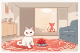 cute fluffy chibi beige cat playing with a giant plush red covid virus in a modern hall on a carpet in sunshine