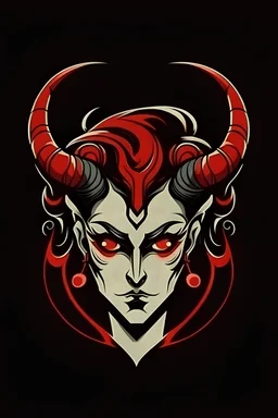 creepy evil androgynous human with a face made out of shoes with demonic horns. Logo style.