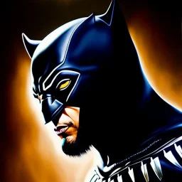 Ultra detailed fullbody Portrait in oil on canvas of Batman fusions black panther ,intense stare,extremely detailed digital painting, extremely detailed face,crystal clear Big eyes, mystical colors ,perfectly centered image, perfect composition, rim light, beautiful lighting,masterpiece,8k, stunning scene, raytracing, anatomically correct, in the style of robert e howard and Ken Kelley and Ohrai Noriyoshi and Simon Bisley and tomzj1