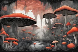 Exotic Flora, fauna, mushrooms, fungi and coral dripping black liquid in the Multiverse