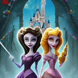 extrem tim burton style and disney style of the evil stepsisters, sharp focus, beautiful eyes