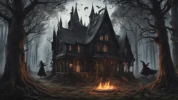 A gothic woodland house with a coven of witches dancing in front of it.