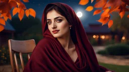 Hyper Realistic Photographic-close-view of Young Beautiful Pashto woman with-beautiful-eyes-&-lips in a Maroon-dress-&-black-shawl & giving bold expressions-with-little-smile sitting on a rocking-chair with beautiful moonlight-rays-on-her-face at night inside in a garden with orange-leaves whirling dramatic & cinematic ambiance.