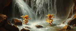 master oil painting by Rembrandt,cute trolls angels dancing inside waterfall, we barely see them inside the cascades
