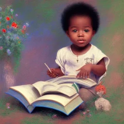 African American baby boy musician with books by monet