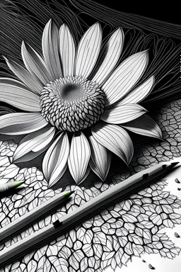 outline art with pencil sketch art {Create a scene of a flower breaking through the soil, surrounded by vibrant petals and leaves. The background could be a sunlit garden.} with a pencil sketch in black and white color background