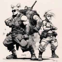 [traditional Chinese brush, expressive line, ink washes] Tank Girl with Bebop and Rocksteady: This body finds pleasure in his movement wish to walk with my head so high my shoulders back bum carefully encasing the head of my femur, wish my body to move like my trainer's.