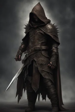 fantasy hooded man wearing studded leather armor