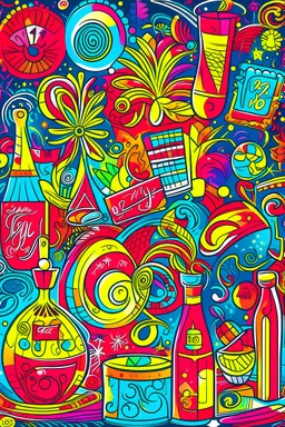 new year celebration, thick outline, low details, Vivid Color