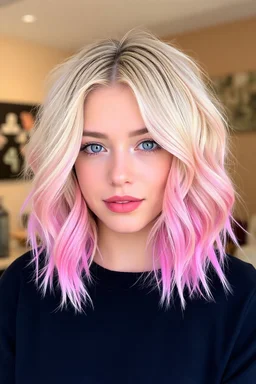 young woman with short wavy blonde hair with pink highlights