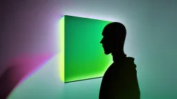 shadow made of different colors of a person looking for information on a large screen