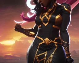 Black woman super hero,FEMININE,((PERFECT FACE)),((SEXY FACE)),((DETAILED PUPILS)).(ARTIST),ARTIST,ARTIST,(ARTIST). photorealistic. (((LARGE BREAST)),((TONED ABS)),(THICK THIGH).EVOCATIVE POSE, SMIRK,LOOK AT VIEWER, ((BLOUSE)).(INTRICATE),(HIGH DETAIL),SHARP, 8k