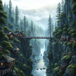 rany day, close ap a visible from the side one massive wooden bridge connects the over two gorge, between two tall rocky shores, sprawling, tall thick alien trees on both shores, log wooden houses in the distance in the background, rainy landscape, lush vegetation , massive trees,, high detailed, fantasy, high photorealistic, cinematic