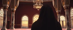 Hyper Realistic Photographic Back View Of A Fully Covered Muslim Young Woman Praying Inside a Beautifully Crafted Mosque With Maroon Wall And Golden Floral Patterns On It, And White Pillars With Maroon Floral Patterns On It, And A Beautiful Chandelier At BEautiful Cloudy Sunset View From Outside Mosque Window Showing Dramatic And Cinematic Ambiance.