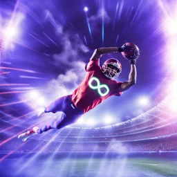 rounded infinity symbol ∞, on football players shirt, football player diving to score a touchdown, DSLR with a 80mm lens, set to f/16 and a slow shutter speed of 1/15s, striking, neon, vibrant, chiaroscuro, dramatic, captivating, high-tech, powerful, fantasy, beautiful, octane render, 16k post-production, artstation: award-winning: atmospheric: commanding: fantastical: clarity: ultra quality: striking: brilliance: stunning colors: amazing depth; lens: f/11, 35mm