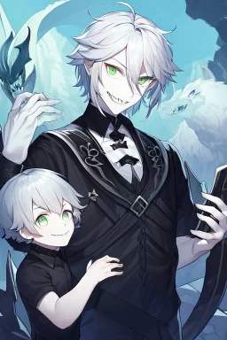 plauge doctor in balck leather clothes with silver hair, pale skin and bright green eyes smiling with sharp teeth, nice young face, male