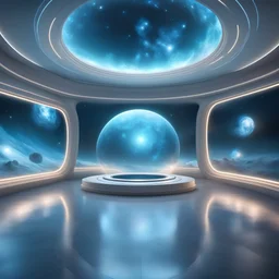 hyper realistic light blue colors ambience, round room 2 Extra terrestials light glowing beings++large Glassroom showcase cosmos view galaxies, stars, inside a interstellar station, 2 Extra terrestials light glowing beings++large Glassroom showcase cosmos view galaxies, stars, ,