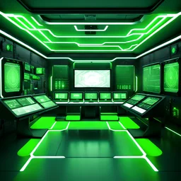 sith control and command center room, simple design, clean layout, muted lights, green lighting, soft lighting, green and black and white color