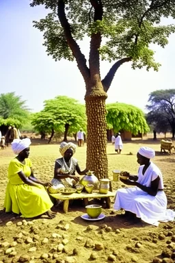 Sudan, destroyed city, women serving tea under tree