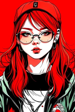 japan teenager girl with red hair wearing a sporty sweatshirt and baseball cap and sunglasses with red lenses, gabriel picolo comics style, cartoon background, 80's, negative baseball red background, negative black hoodie, negative baseball red cap,