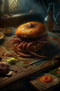 Bosch nightmares paint inf style Title: a hamburger sandwich on it a spiders , intricate insanely detailed octane render trending on artstation, 8k artistic photography, photorealistic concept art, soft natural volumetric cinematic perfect light, chiaroscuro, award-winning photograph, masterpiece, oil on canvas, Raphael, Caravaggio, Greg Rutkowski, people, beksinski, Giger