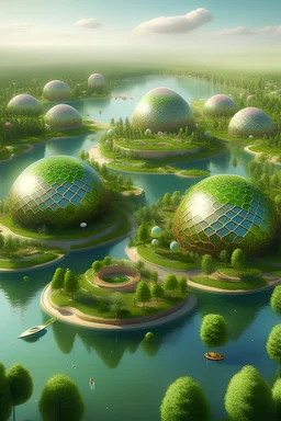 ciudad utópica con casas domo y casas en los arboles rodeada de vegetación y lagos