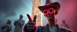 haze volume light rays, depth of field, awake in a dream eraser head psychedelic neon coy cyberpunk cowboy pointing thumbs up brilliant detailed full figure portrait disco glittery fluffy slender man anime in the style of Escher and Giger in front of dented marble tower of transparent glass statues