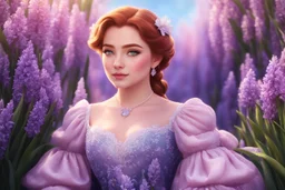 Amongst pink and purple hyacinths, she graces the scene, A spring girl with auburn hair, a vision serene, In her floral dress, she sits, elegance untold, A fantastical Elsa, enchanting hearts untold. front view, Elsa's face, digital art style, high quality, digital art, 4k