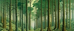 A bluish green forest with tall trees painted by Edward Hicks