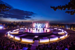 a big open disko stage in modern city in a very big square , at distance,blue sky pretty clouds ,night .