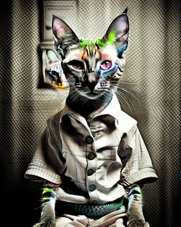 PROMPT: Surrealist portrait of a Oriental shorthair Siamese cat in a convicts outfit, layered multiple exposures of [POSE]. Each overlay is motion blurred and translucent. Monochrome palette, aged film grain and light scratches. A subtle glow softens the focus, evoking [MOOD]. Inspired by early analog photography experiments