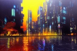 Night, cyberpunk buildings near the autumn trees zone, tendency to science fiction, realistic vision, impressionism painting