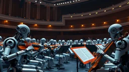 A futuristic concert hall where a full orchestra of robots performs on orchestral musical instruments. Each robot is designed to play a specific instrument, their fingers and arms moving with incredible dexterity and coordination to produce a symphony of sound. Award-winning photograph, beautiful composition, exquisite detail and illumination