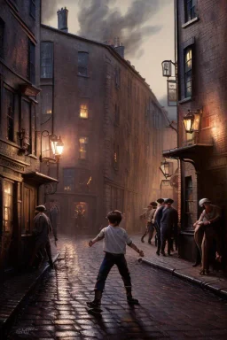 photorealistic painting of young boy fighting old boy, industrial era, 1800, night time, many people in background, diagon alley, glowing lights, reflections on ground, spots of fire