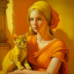 Neoclassicism realistic yellow orange tuscany woman and kitten