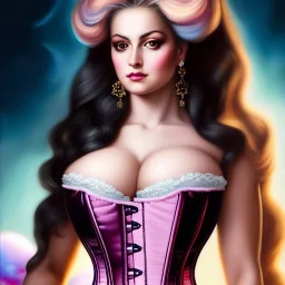 Ultra detailed fullbody Portrait in oil on canvas of beautiful busty veronica franco tintoretto with Dynamic CottonCandy Filigree Hair,intense stare,wearing tight corset,extremely detailed digital painting, extremely detailed face,crystal clear Big eyes, mystical colors ,perfectly centered image, ,perfect composition, rim light, beautiful lighting,masterpiece,16k, stunning scene, raytracing, anatomically correct, in the style of robert e howard and Ken Kelley and Ohrai Noriyoshi and Simon Bisley