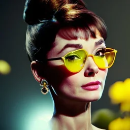 Audrey Hepburn has glow effect. She has beautiful eyes, Her hair flies in the air. with yellow flowers for hair, closed eyes, rtx, reflection, 8k, glow, winning photography, caustics