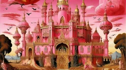 A rosy pink Arabian kingdom with a palace painted by Salvador Dali