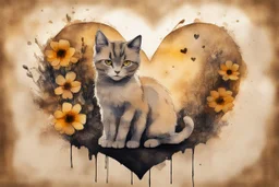 good night picture in ochre, double exposure, merged layers, burned burlap, cute chibi anime cat, beautiful surrealistic composition, melting watercolor and black ink on wet paper in sunshine, flowers, heart and love, ethereal, cinematic postprocessing