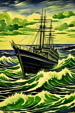 1925 big boat on the sea with medium waves (dark colours)