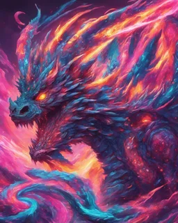 Close up shot, Dragon in a vibrant synthwave dreamscape, neon chaos swirling energetically around pixelated forms, a dynamic fusion of retro gaming nostalgia and futuristic abstraction