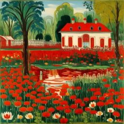 A red swamp with fiery lilies designed in Matryoshka dolls painted by Maurice Utrillo