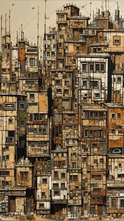 A brown city with blocky buildings painted by Jackson Pollock
