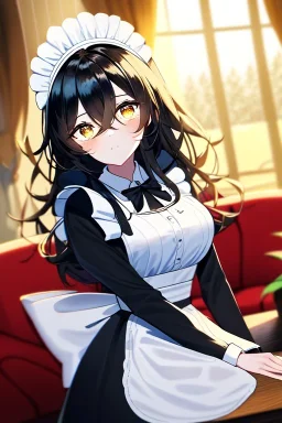 girl, masterpiece, best quality, cinematic lighting, detailed outfit, vibrant colors, perfect eyes, golden eyes, long hair, black hair, messy hair, hair between eyes, depth of field, ray tracing, maid, indoors, living room, couch, plants, table, window, wood floor,