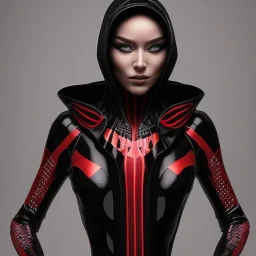 This spider woman is a formidable sight to behold, with the body of a human woman and the head and legs of a spider. She is dressed in a sleek black and red leather suit, with a hood that covers her spider head. Her skin is covered in shimmering black scales, and her eyes glow a bright, otherworldly green. She is fast and agile, able to climb walls and ceilings with ease. She has venomous fangs and sharp claws, and she can spin webs of magical energy to ensnare her enemies. She is intelligent an